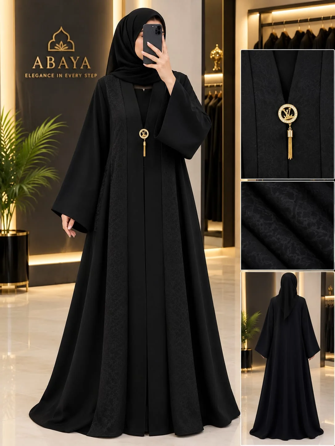 Black Abaya with Floral Front and Gold-Tone Detail