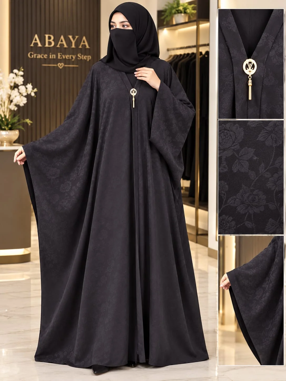 Black Floral Texture Abaya with Wide Sleeves