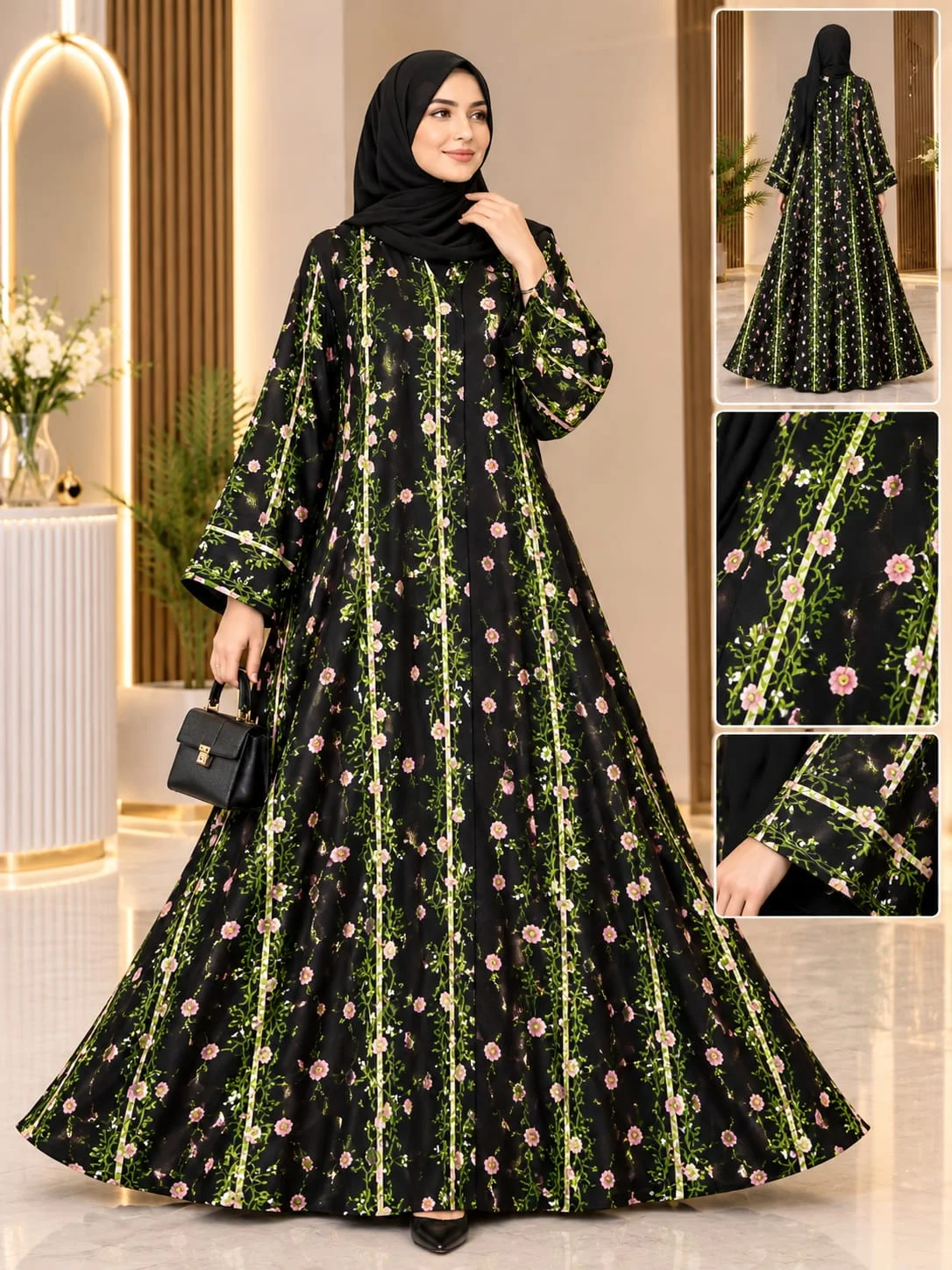 Black Abaya with Green Floral Vine Print