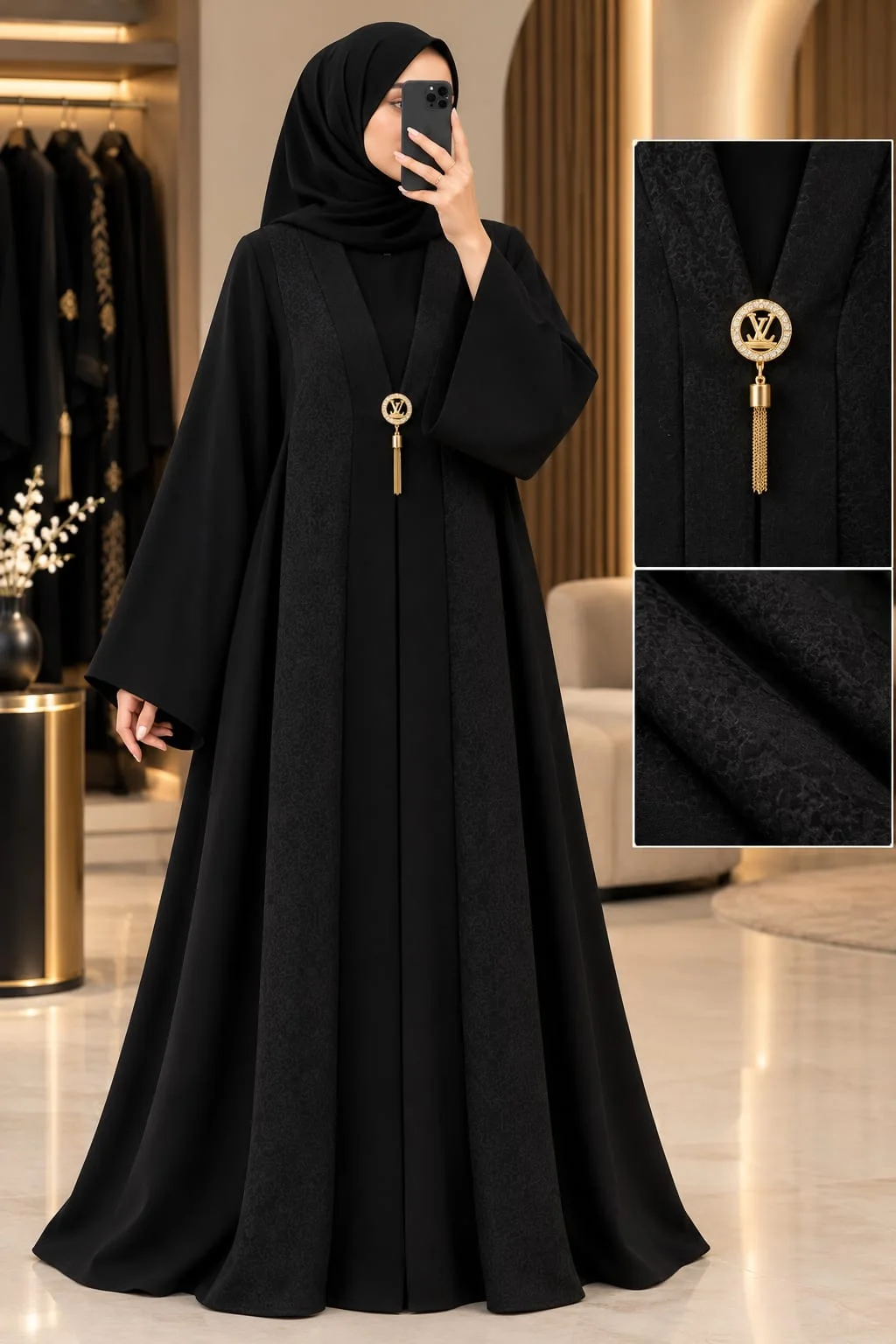 Black Abaya with Textured Front and Gold-Tone Detail