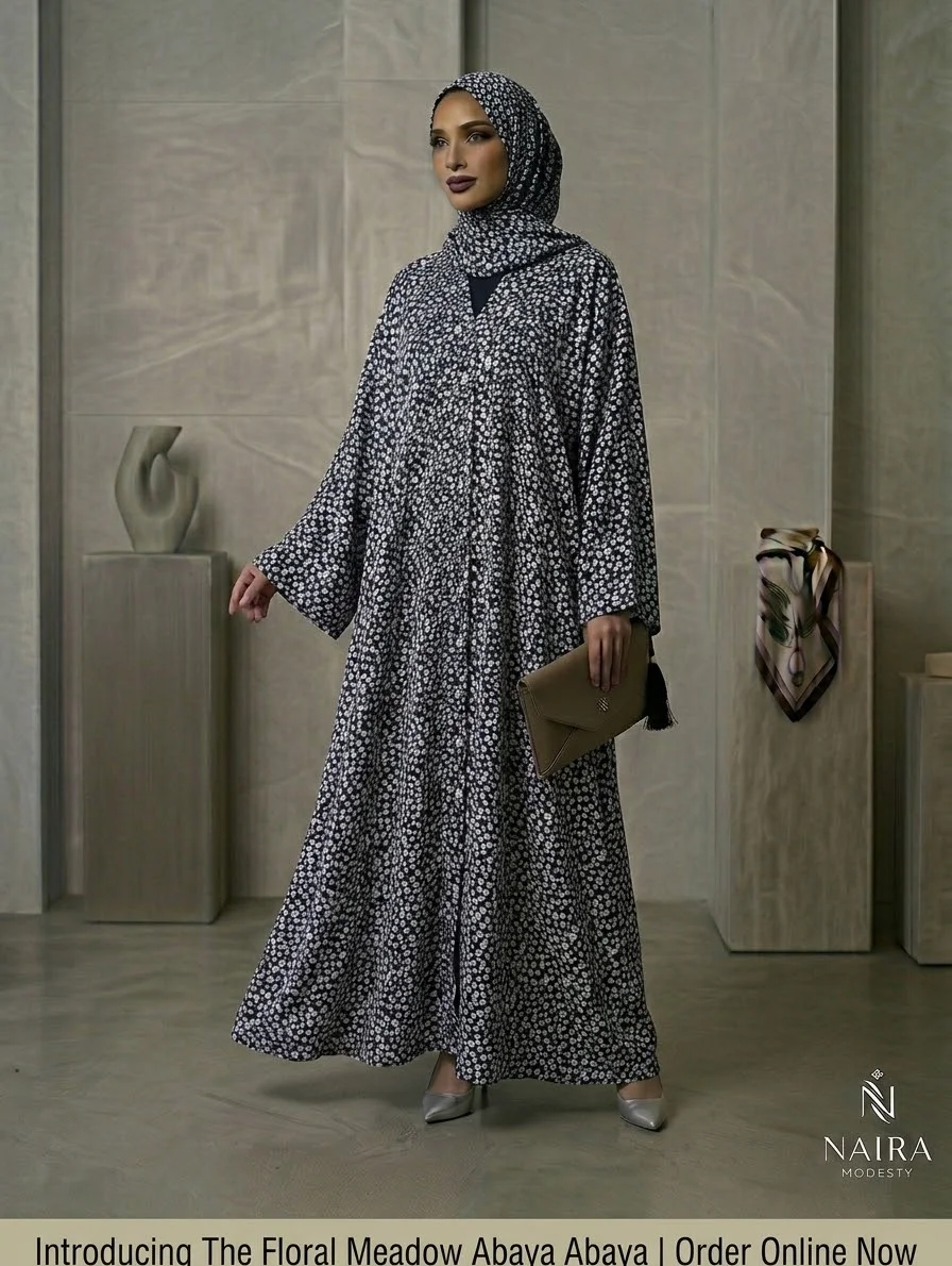 Black and White Ditsy Floral Abaya