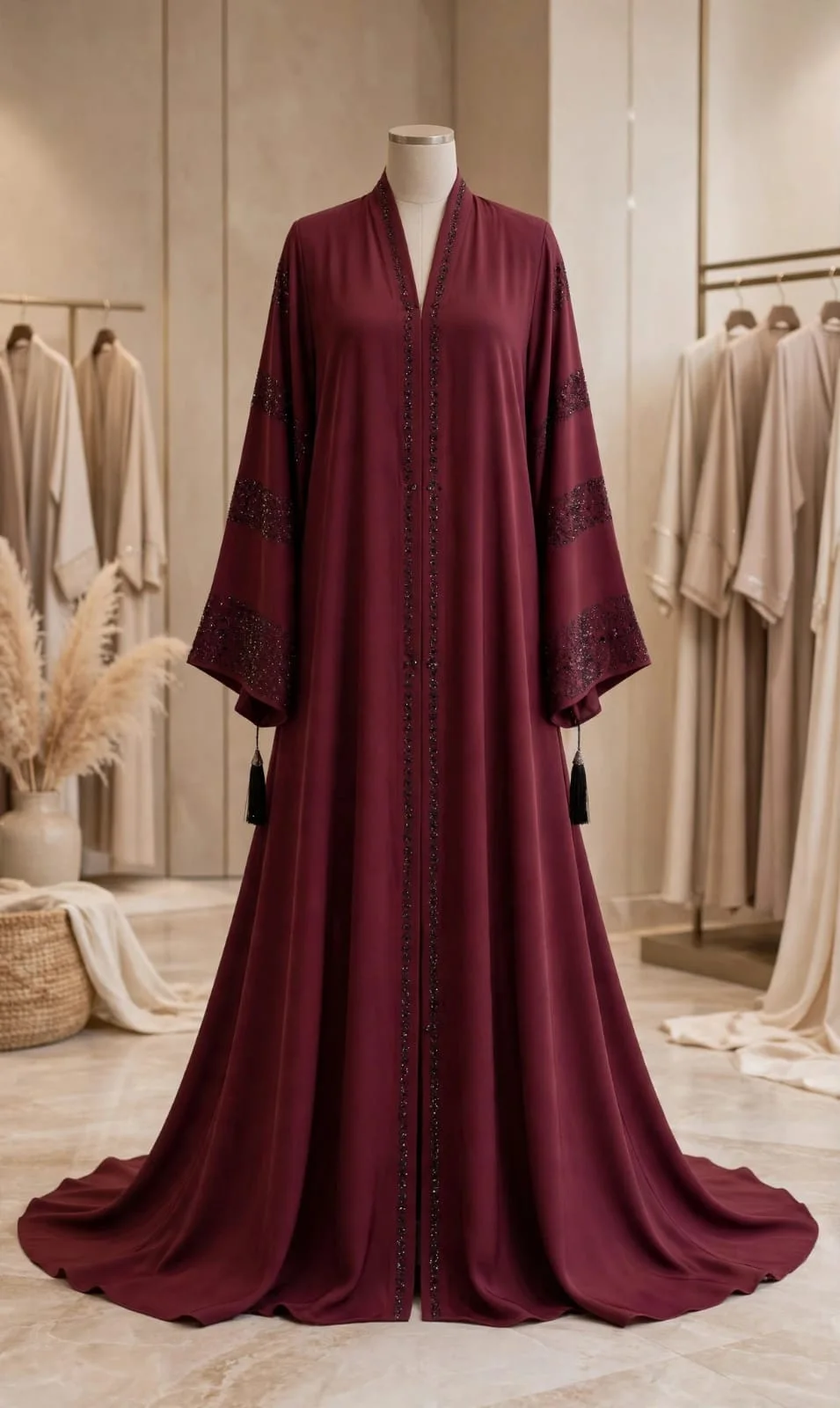 Burgundy Abaya with Patterned Sleeves