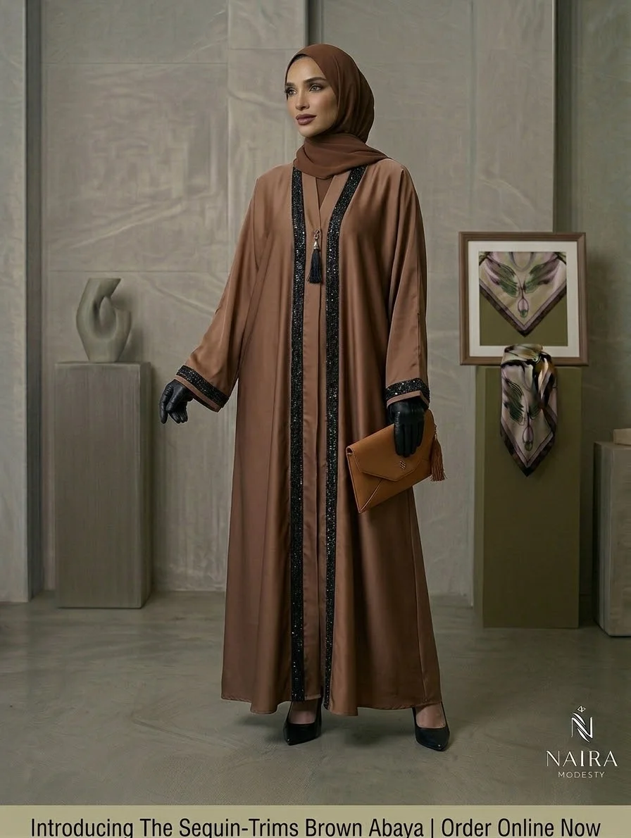 Caramel Brown Abaya with Black Sparkle Trim