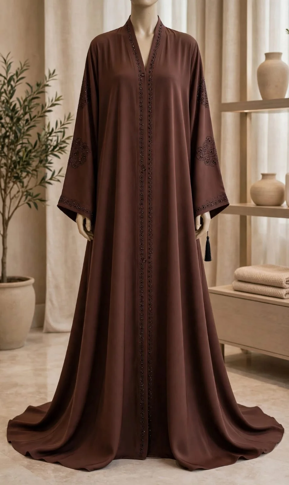 Chocolate Brown Abaya with Patterned Sleeves