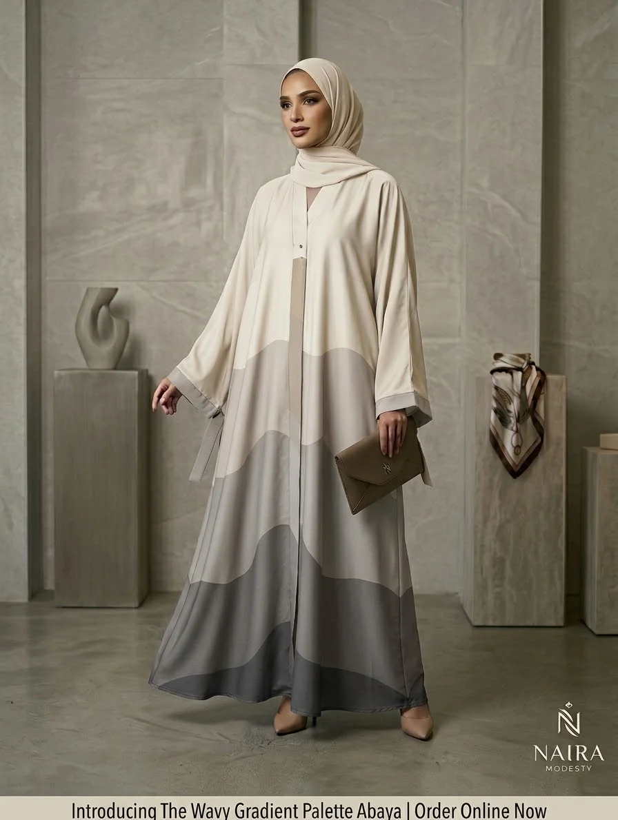 Cream and Grey Wavy Colour Block Abaya