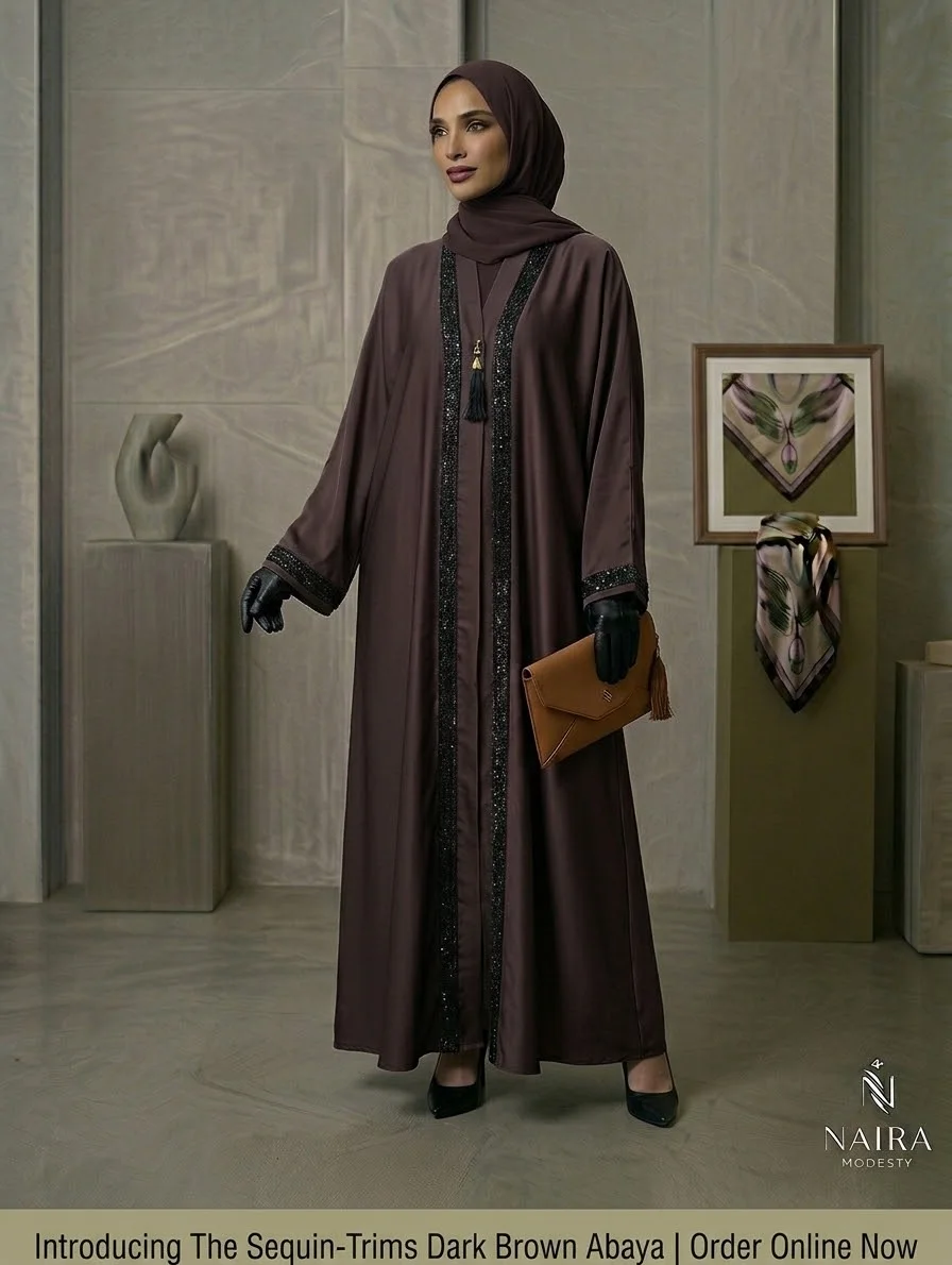 Dark Brown Abaya with Black Sparkle Trim