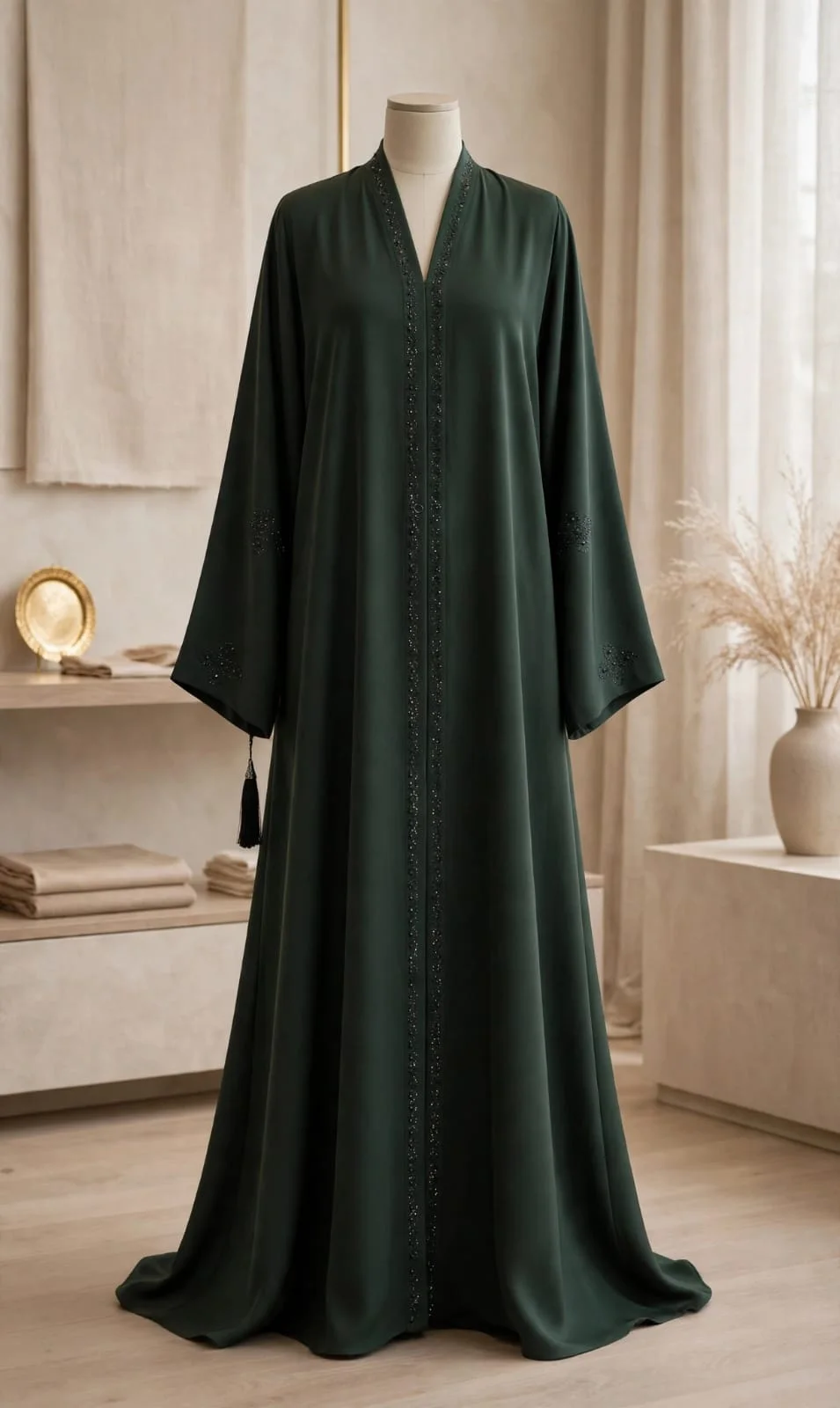 Forest Green Abaya with Tonal Sleeve Detail
