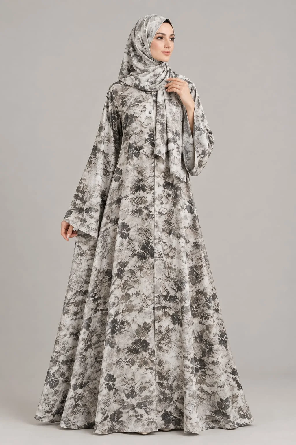Grey Botanical Print Flared Abaya