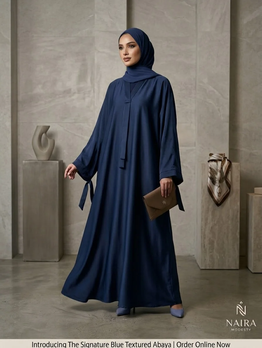 Navy Blue Tie-Neck Abaya with Cuff Ties