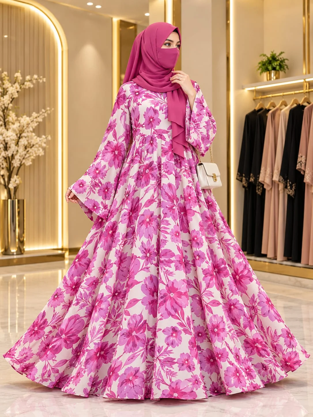 Pink Floral Print Flared Abaya