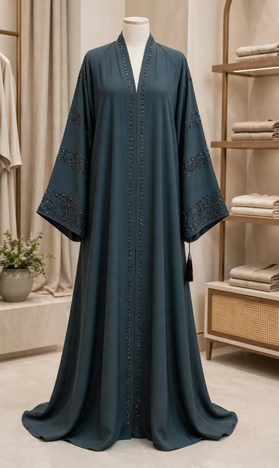 Slate Blue Abaya with Banded Sleeve Detail