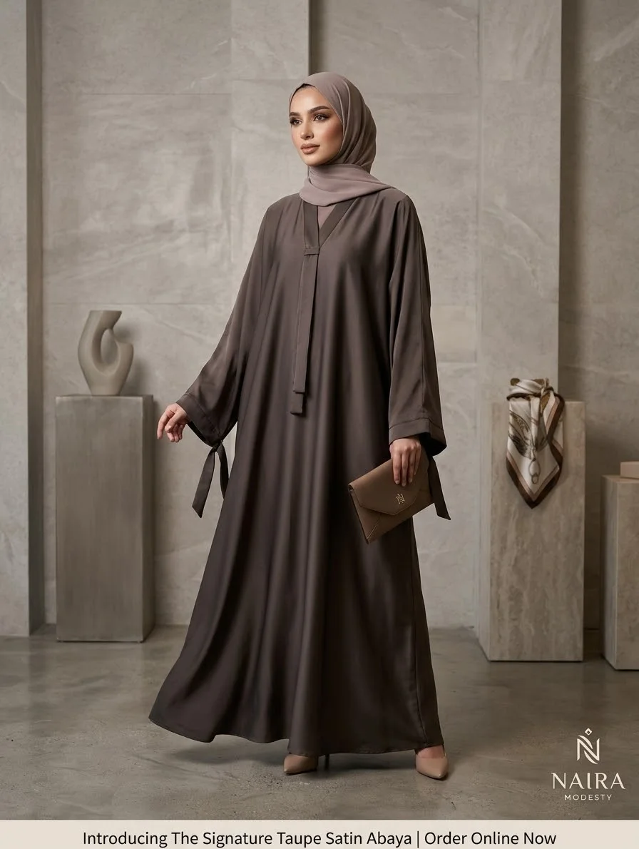 Taupe Tie-Neck Abaya with Cuff Ties