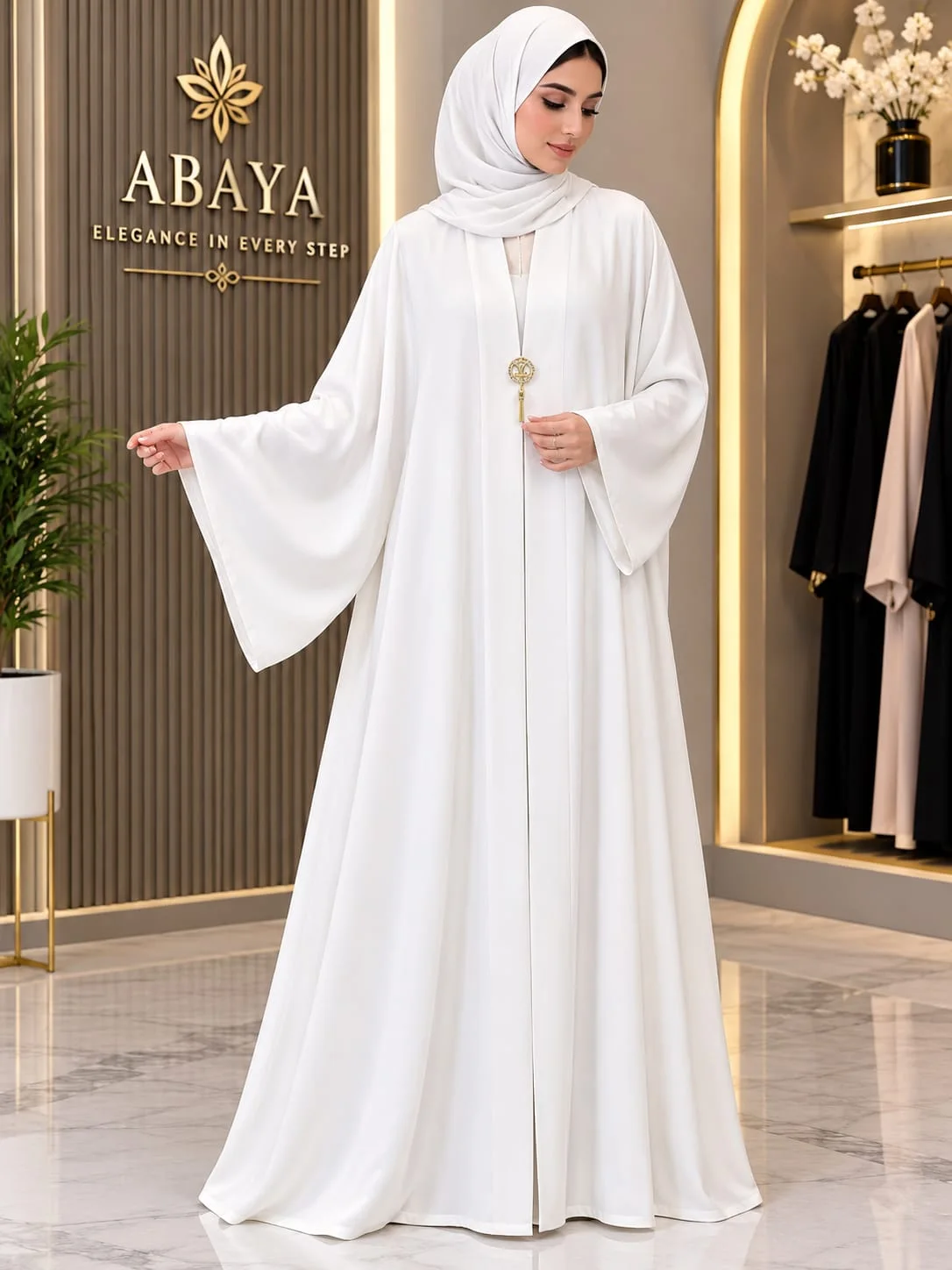 White Abaya with Wide Sleeves and Gold-Tone Detail