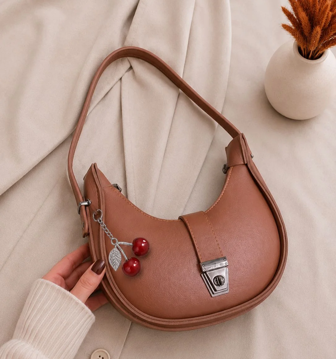 Buy Brandza Cherry Keychain Shoulder Bag - Navy Blue in Tan Brown online in Pakistan - Brandza Handbags