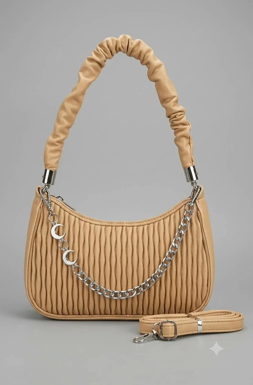 Buy Imported Premium Pleated Moon Bag - Camel Brown in Beige online in Pakistan - Brandza Handbags
