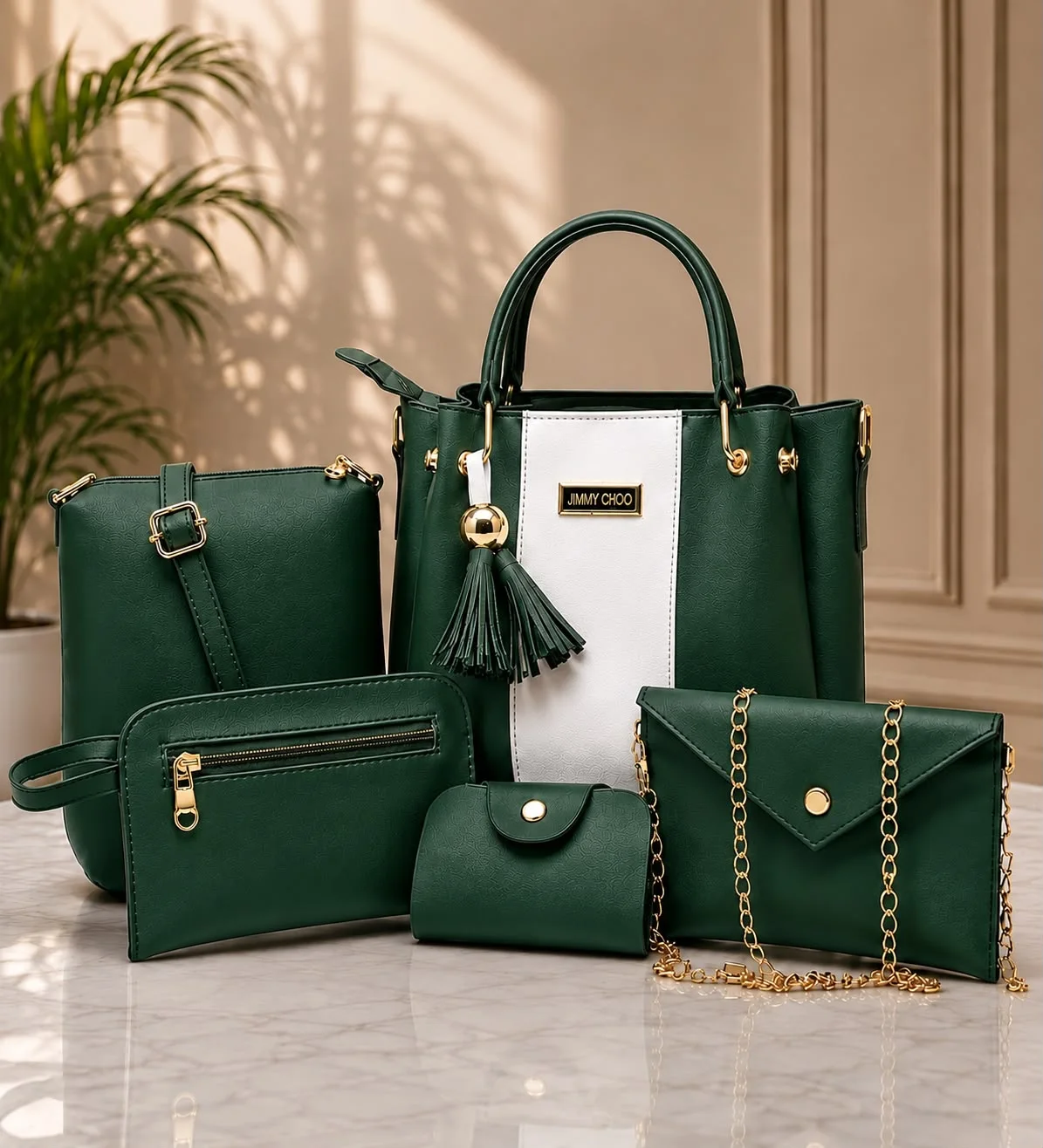 Buy Signature 5 Piece Handbag Set - Dark Green online in Pakistan - Brandza Handbags