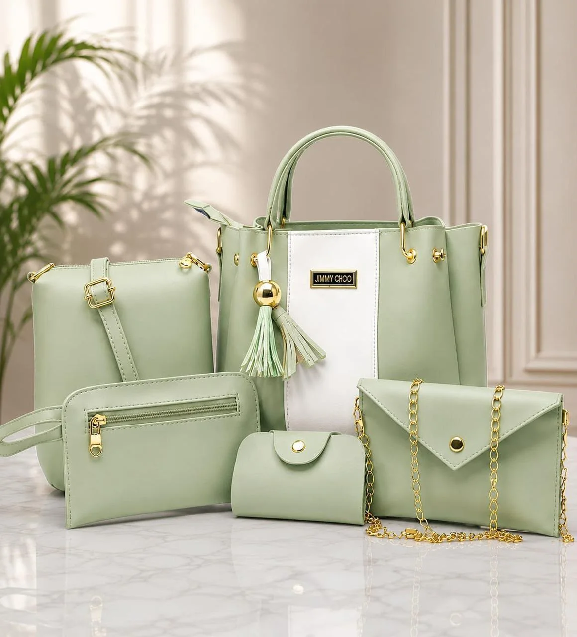 Buy Signature 5 Piece Handbag Set - Dark Green in Pistachio Green online in Pakistan - Brandza Handbags