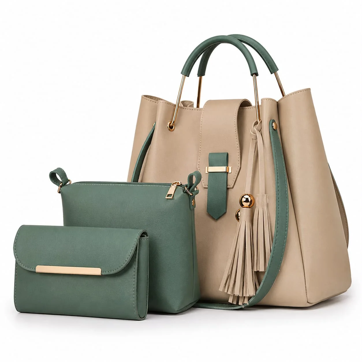 Buy Luxe Tassel 3 Piece Bag Set - Beige & Sage Green online in Pakistan - Brandza Handbags
