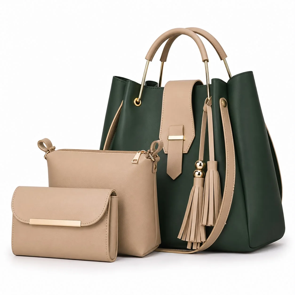 Buy Luxe Tassel 3 Piece Bag Set - Beige & Sage Green in Dark Green Beige online in Pakistan - Brandza Handbags