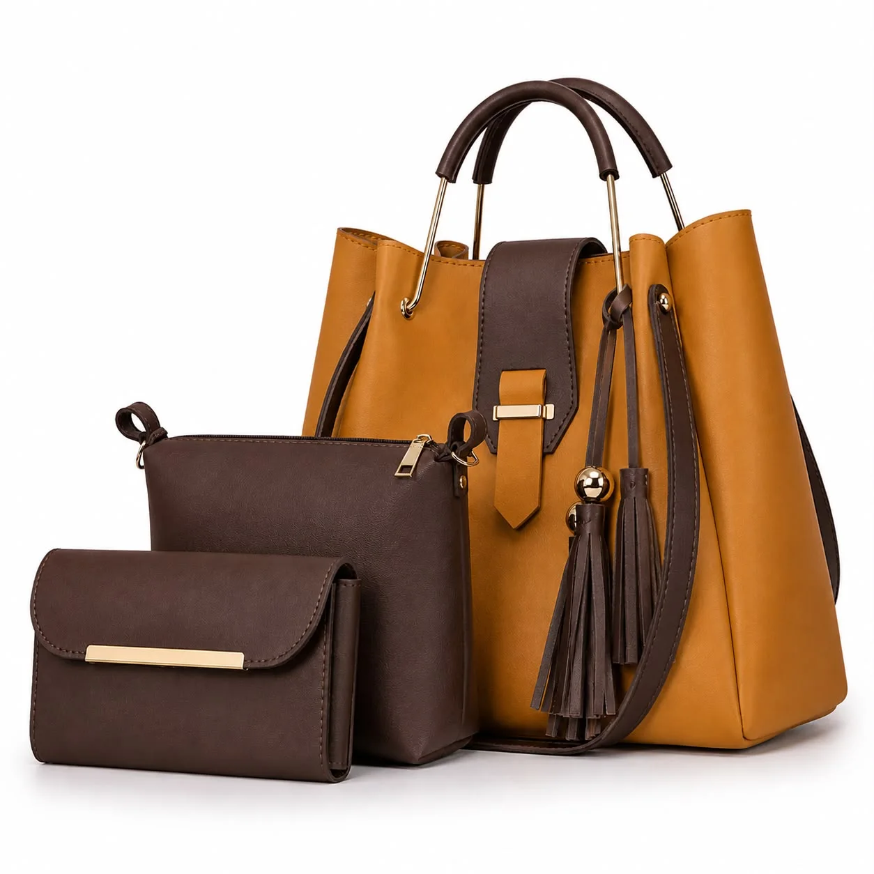 Buy Luxe Tassel 3 Piece Bag Set - Beige & Sage Green in Mustard Coffee online in Pakistan - Brandza Handbags