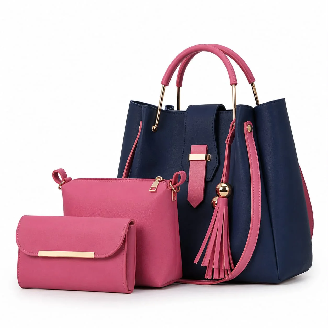 Buy Luxe Tassel 3 Piece Bag Set - Beige & Sage Green in Navy Pink online in Pakistan - Brandza Handbags