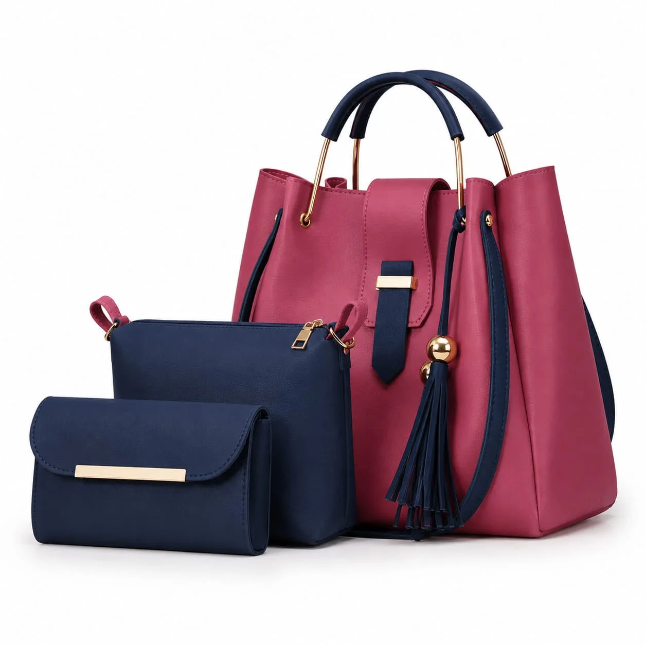 Buy Luxe Tassel 3 Piece Bag Set - Beige & Sage Green in Pink Navy online in Pakistan - Brandza Handbags