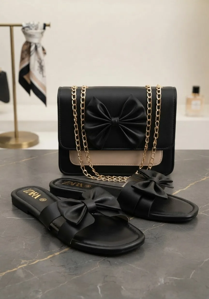Serivo Serivo Bow Handbag - Black Tan Matching Bag & Shoes Combo - matching bag and shoes combo online Lahore