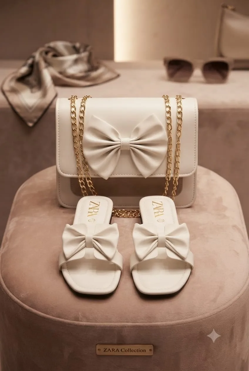 Serivo Serivo Bow Handbag - Black Tan Matching Bag & Shoes Combo in Cream - matching bag and shoes combo online Lahore