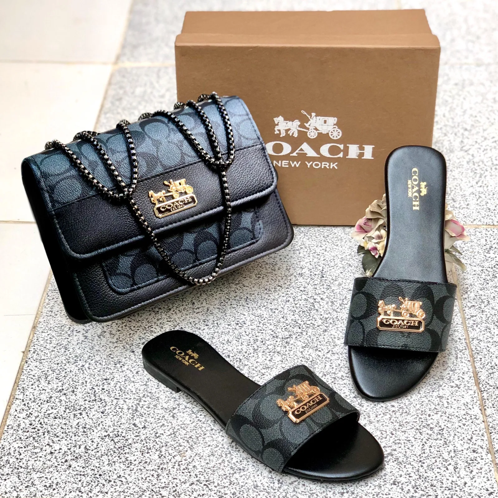 Serivo Serivo Monogram Flap Handbag - Black Grey Coach Matching Bag & Shoes Combo - matching bag and shoes combo online Islamabad