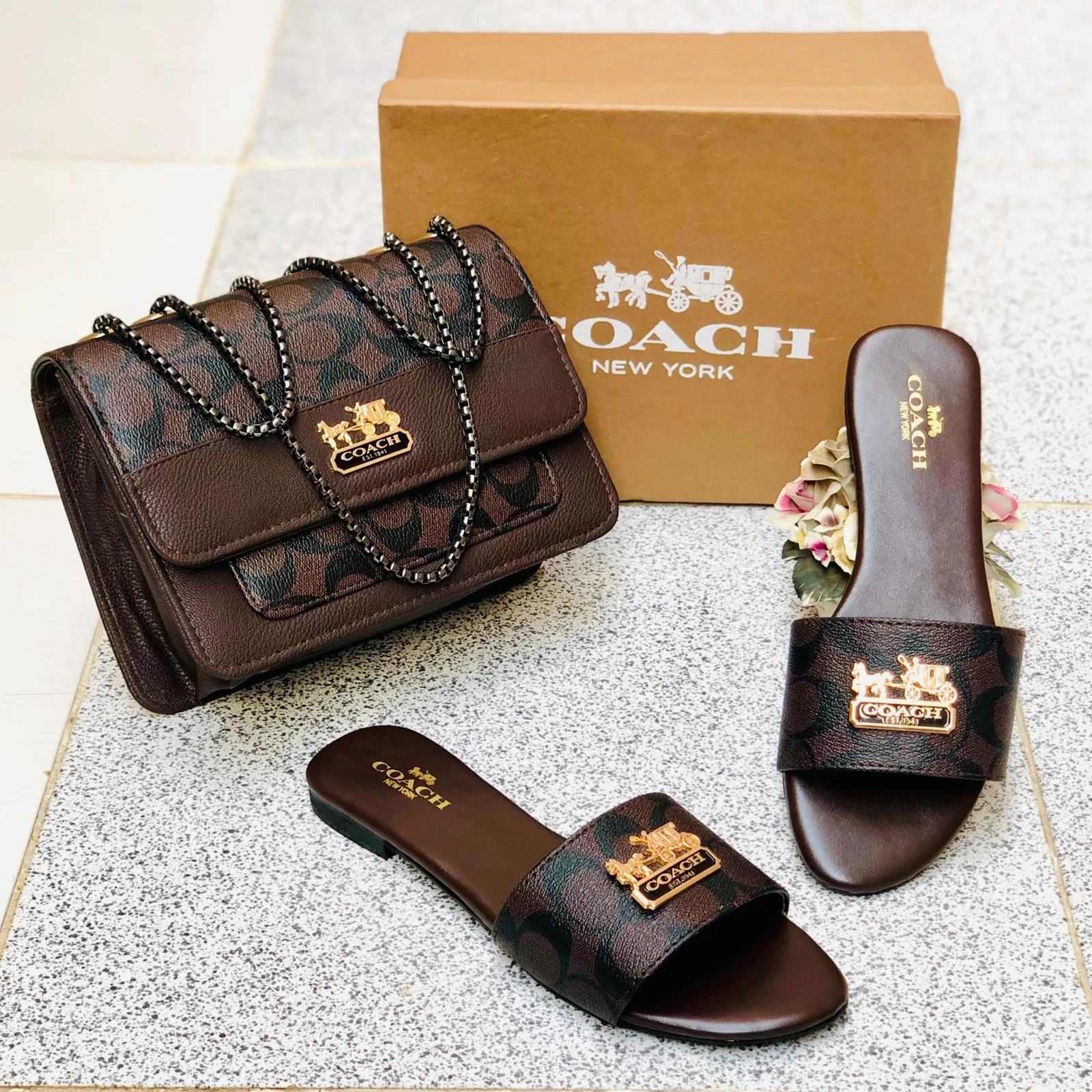 Serivo Serivo Monogram Flap Handbag - Dark Brown Coach Matching Bag & Shoes Combo - matching bag and shoes combo online Karachi