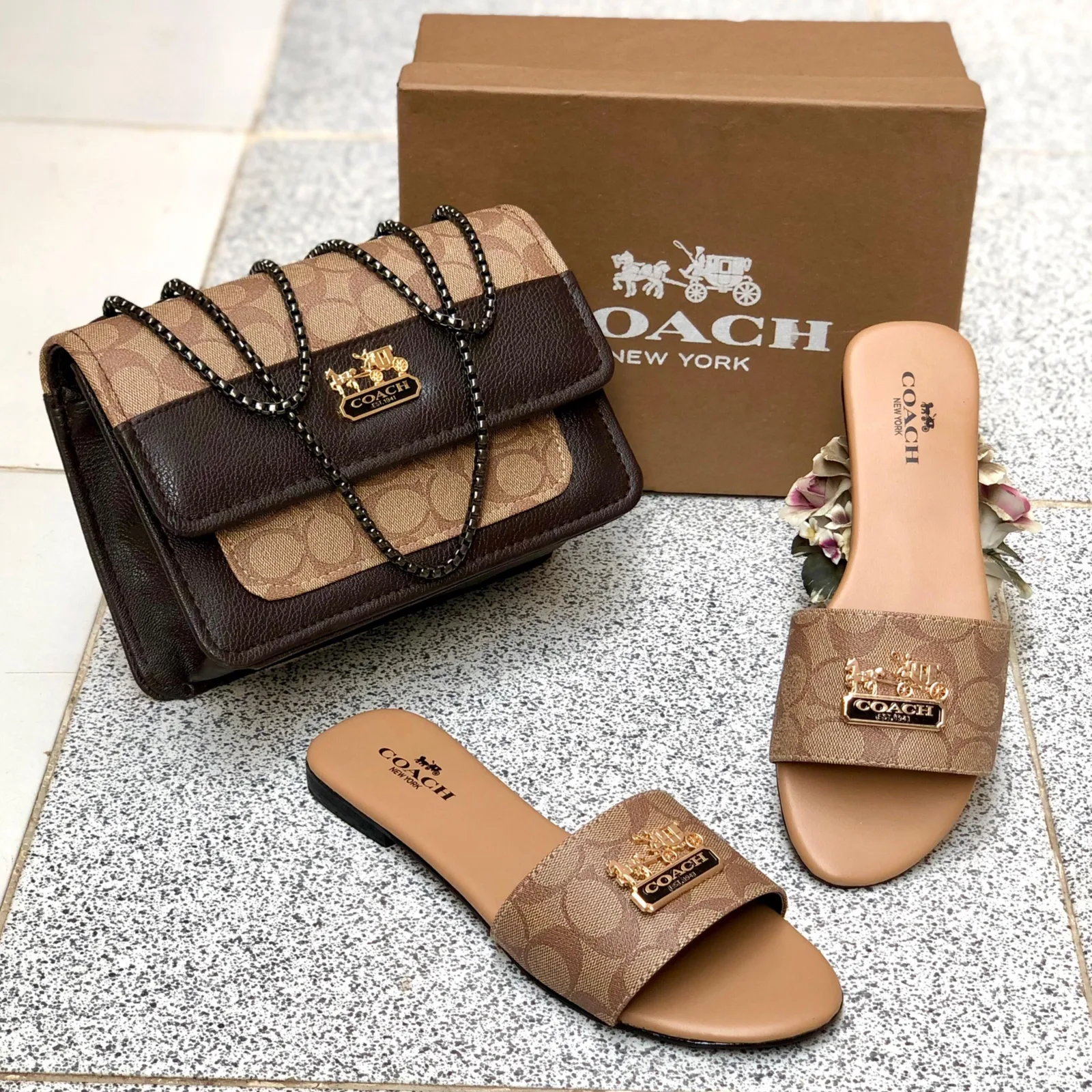 Serivo Serivo Monogram Flap Handbag - Black Grey Coach Matching Bag & Shoes Combo in Tan Beige - matching bag and shoes combo online Islamabad