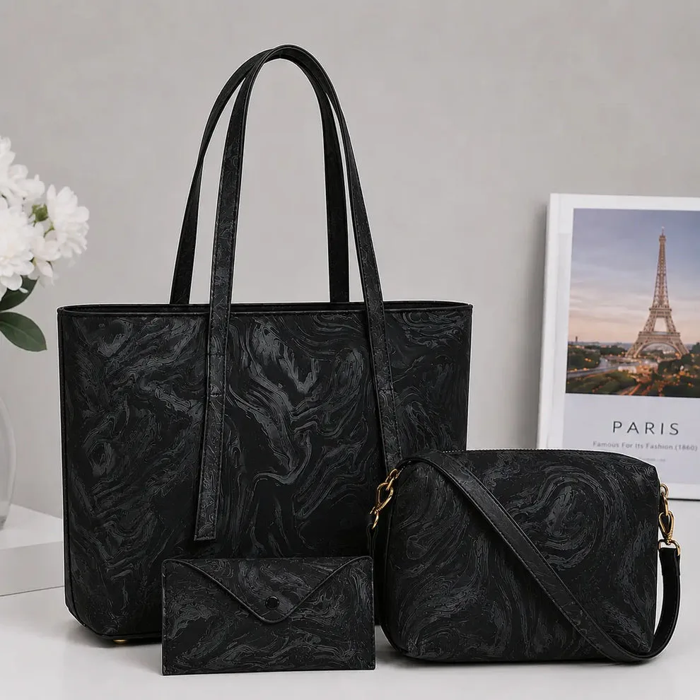 Serivo Serivo Marble Tote Bag Set - Beige Matching Bag Combo in Black - tote bag and slides combo online Islamabad