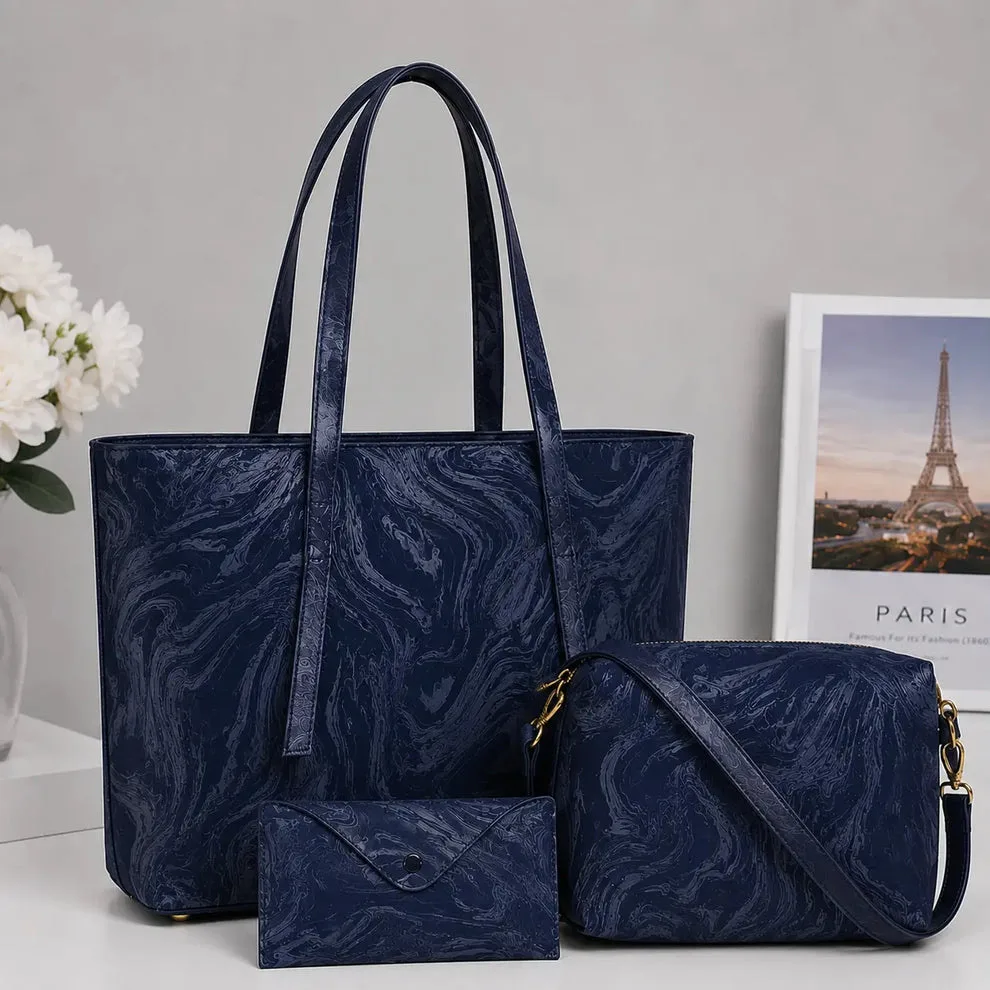 Serivo Serivo Marble Tote Bag Set - Beige Matching Bag Combo in Navy - tote bag and slides combo online Islamabad