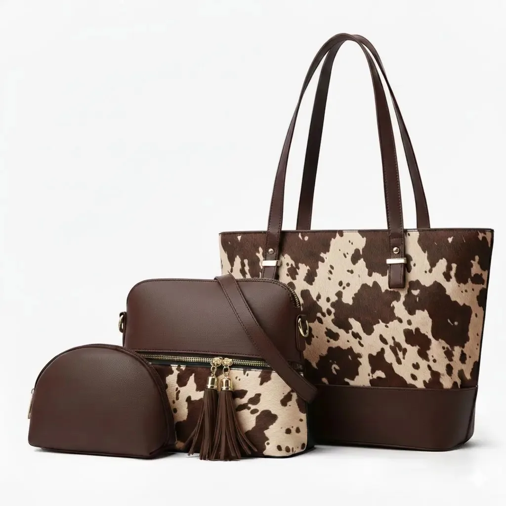 Serivo Serivo 3 Piece Handbag Set - Brown Gold Matching Bag Combo - matching bag and shoes combo online Islamabad