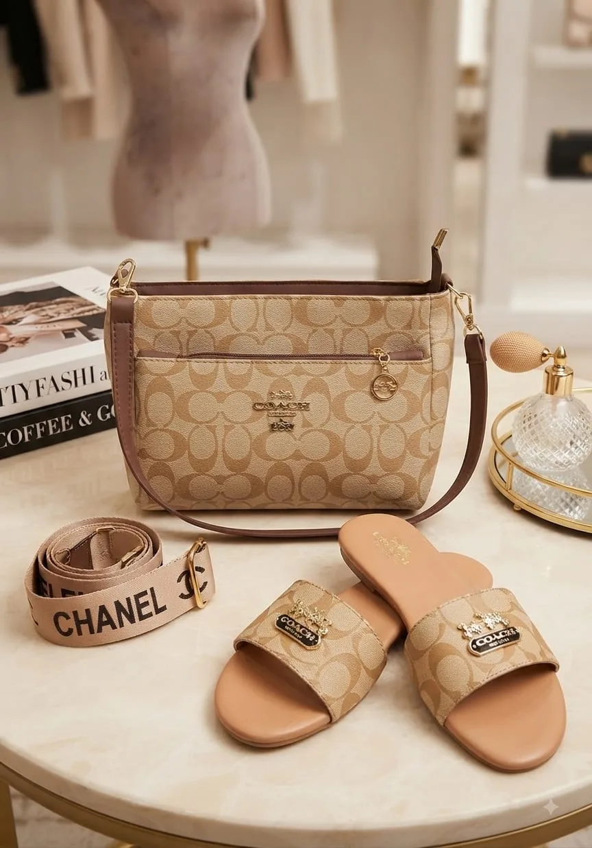 Serivo Serivo Monogram Flap Handbag - Beige Coach Matching Bag & Shoes Combo with Extra Strap - matching bag and shoes combo online Lahore