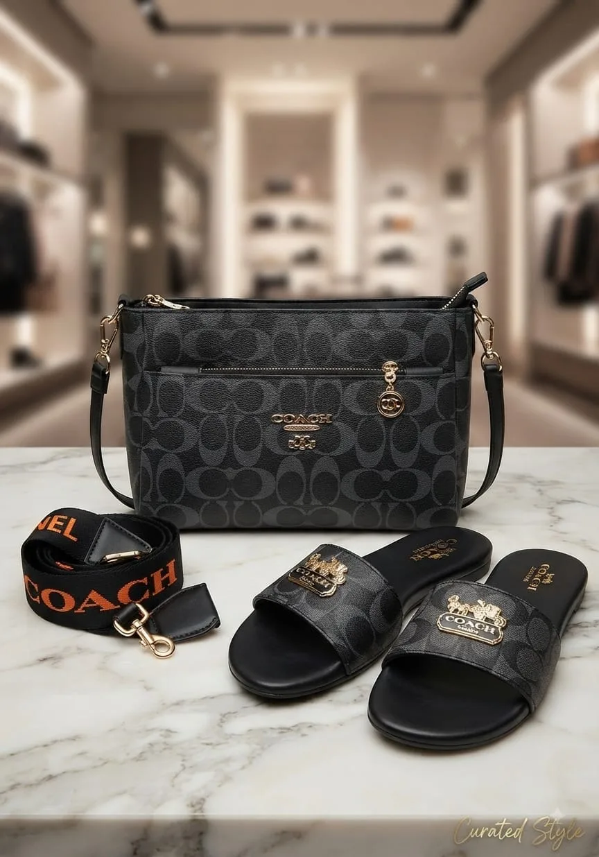 Serivo Serivo Monogram Flap Handbag - Black Coach Matching Bag & Shoes Combo with Extra Strap - matching bag and shoes combo online Islamabad
