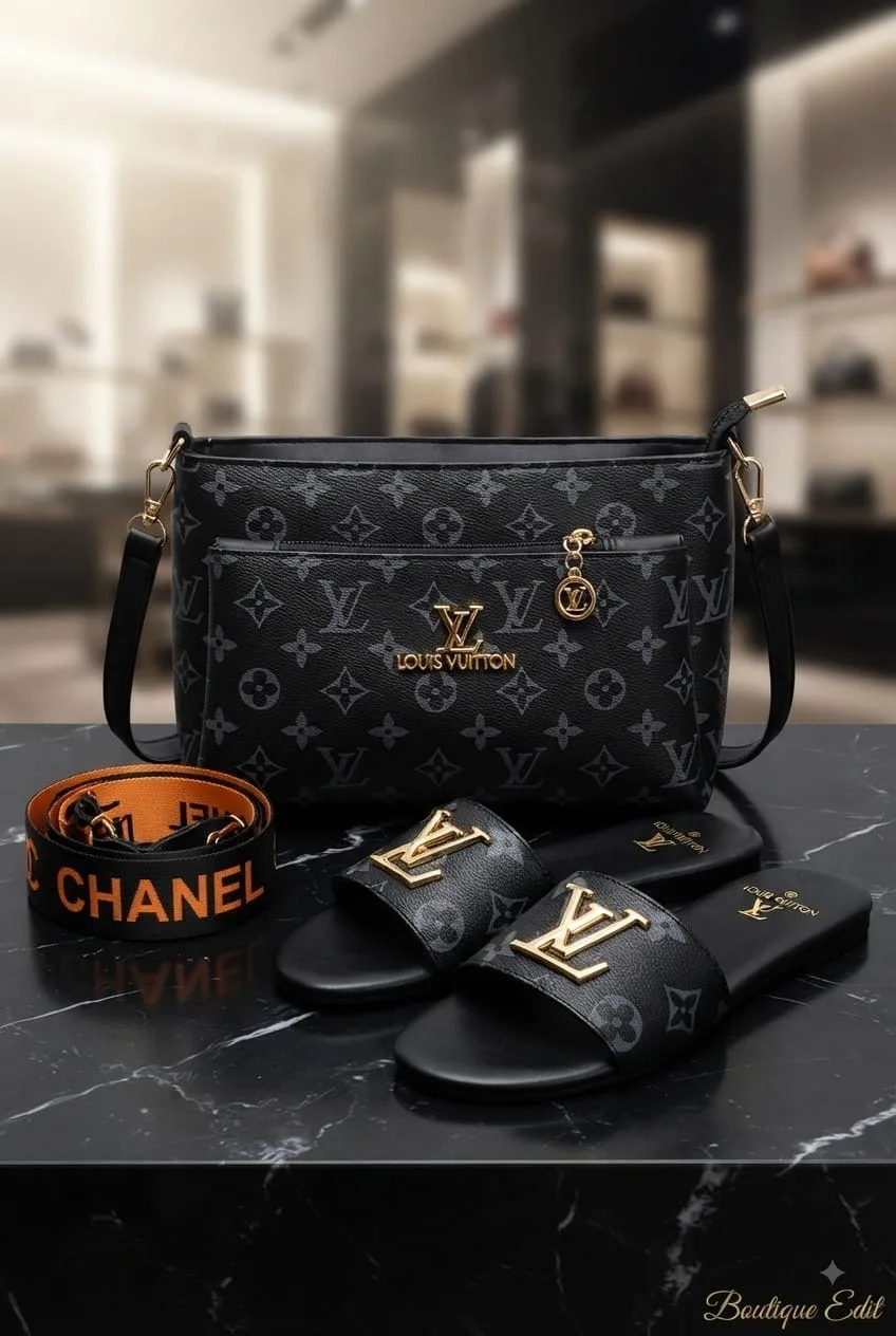 Serivo Serivo Monogram Flap Handbag - Black Grey Matching Bag & Shoes Combo with Extra Strap - matching bag and shoes combo online Karachi