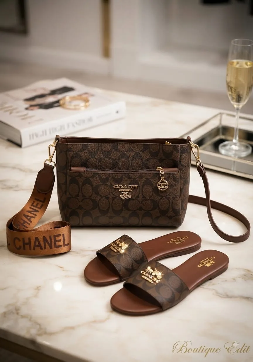 Serivo Serivo Monogram Flap Handbag - Dark Brown Coach Matching Bag & Shoes Combo with Extra Strap - matching bag and shoes combo online Islamabad