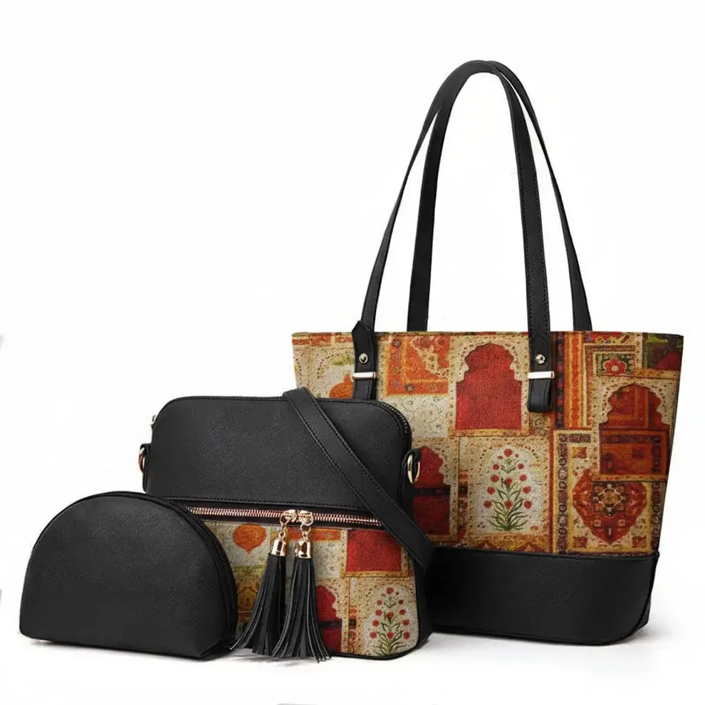 Serivo Serivo Printed Tote Bag - Black White Matching Bag Combo in Cognac - tote bag and slides combo online Karachi
