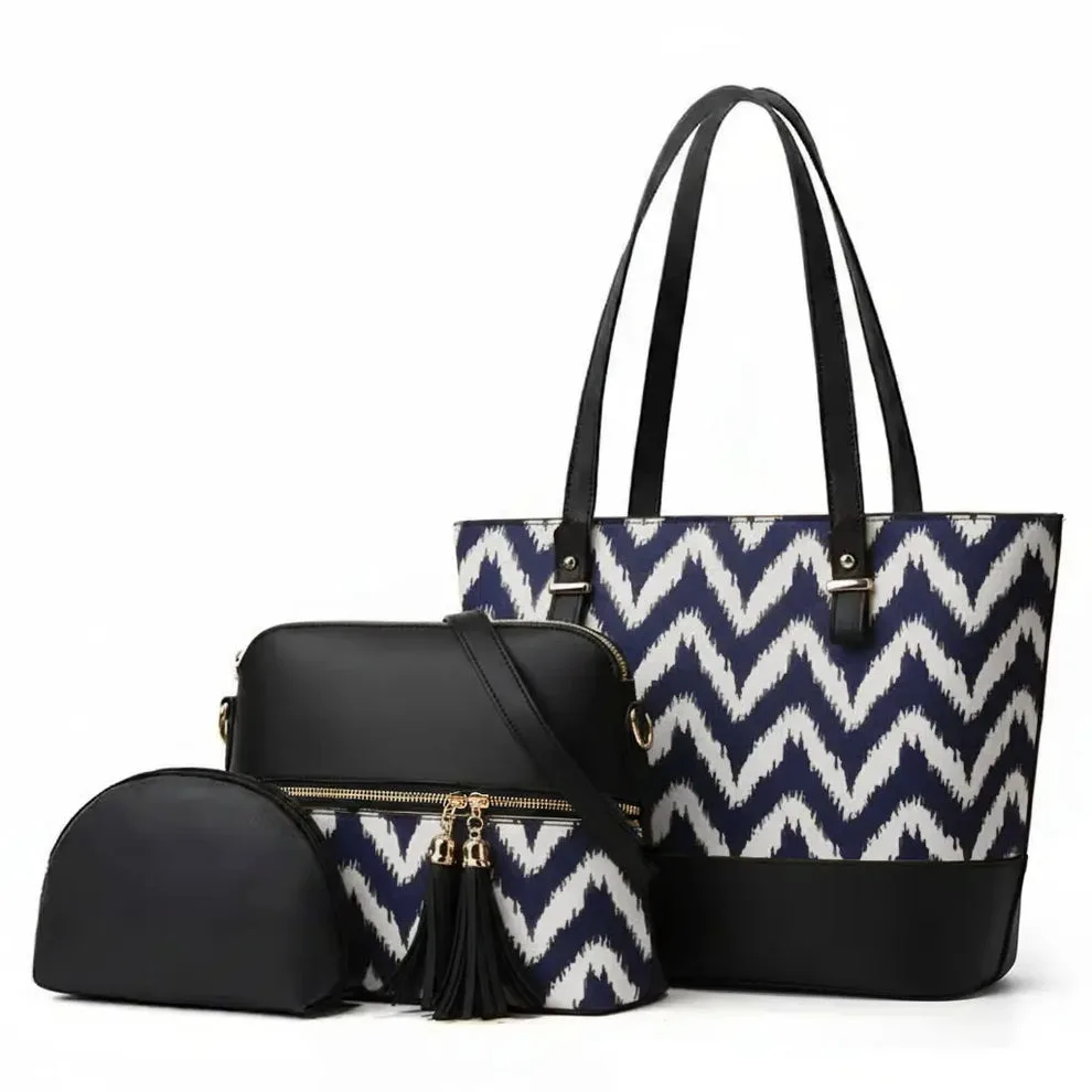 Serivo Serivo Printed Tote Bag - Black White Matching Bag Combo in Navy - tote bag and slides combo online Karachi