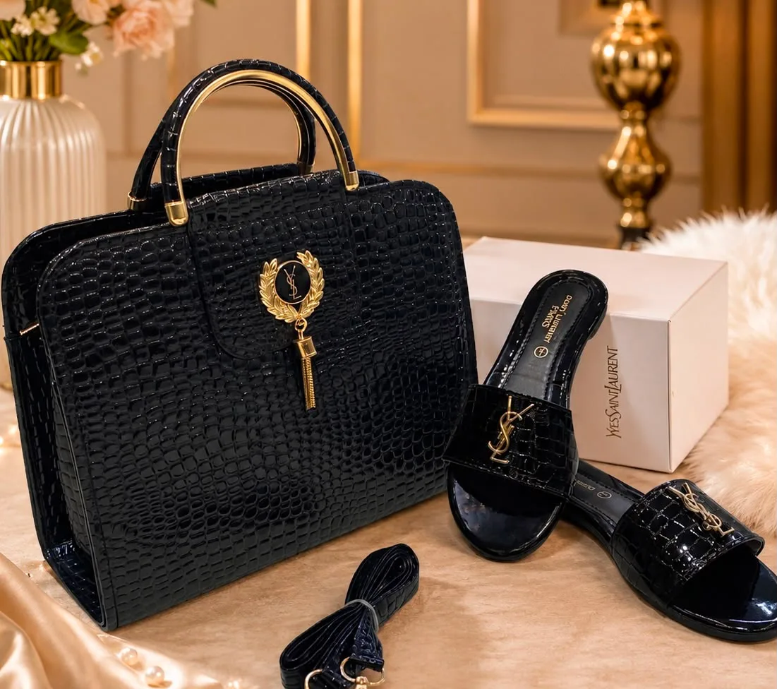 Serivo Serivo Croc-Texture Handbag - Black Crocodile Matching Bag & Shoes Combo - tote bag and slides combo online Lahore