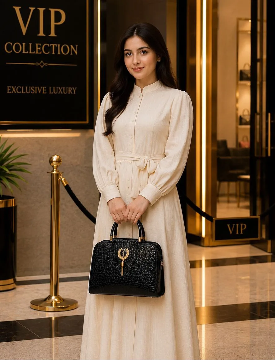Serivo Serivo Croc-Texture Handbag - Black Crocodile Matching Bag & Shoes Combo - tote bag and slides combo online Lahore view 2