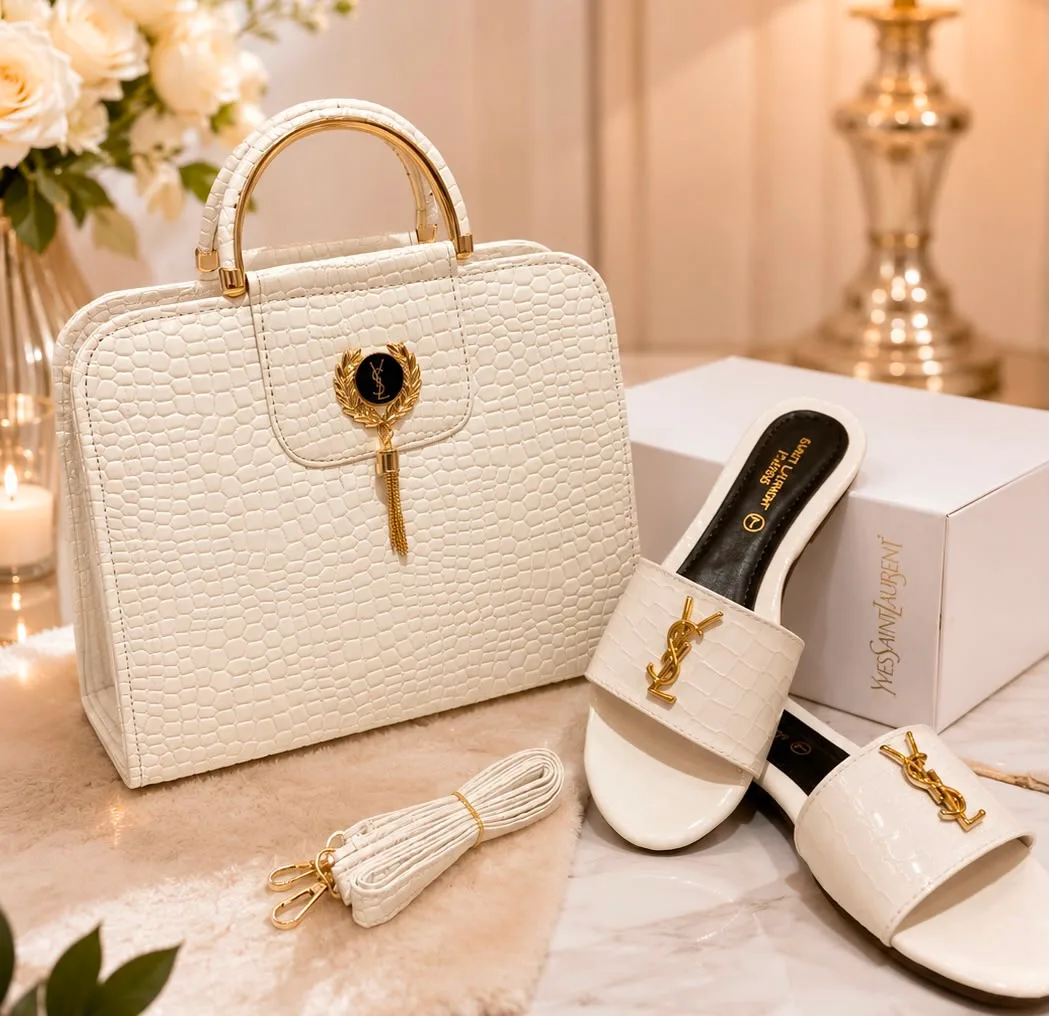 Serivo Serivo Croc-Texture Handbag - Cream Crocodile Matching Bag & Shoes Combo - tote bag and slides combo online Lahore