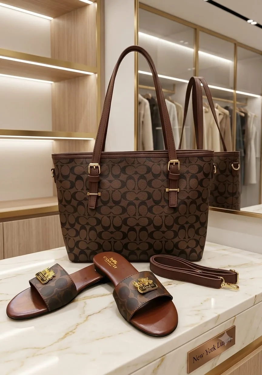 Serivo Serivo Printed Tote Bag - Brown Coach Matching Bag & Shoes Combo - tote bag and slides combo online Islamabad