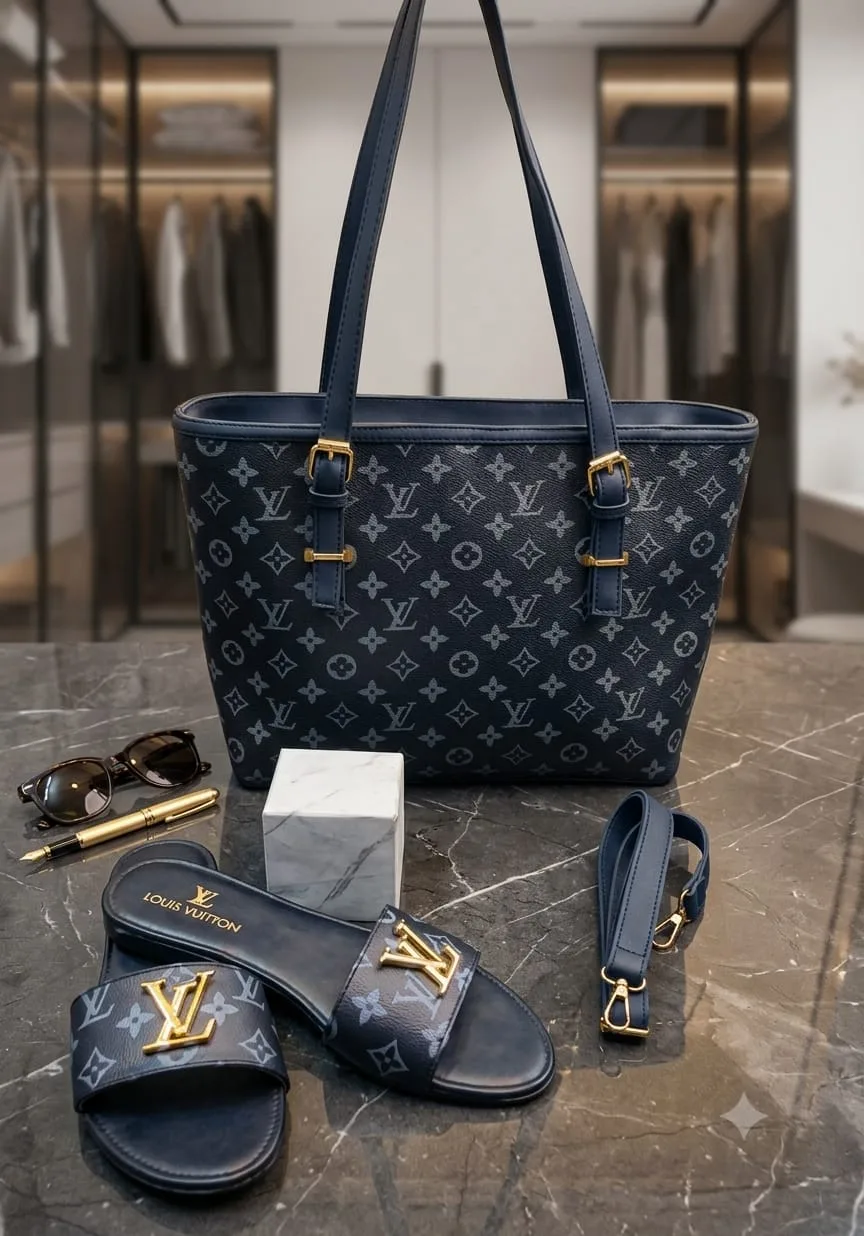 Serivo Tot Printed Combo Navy LV Tote & Slides