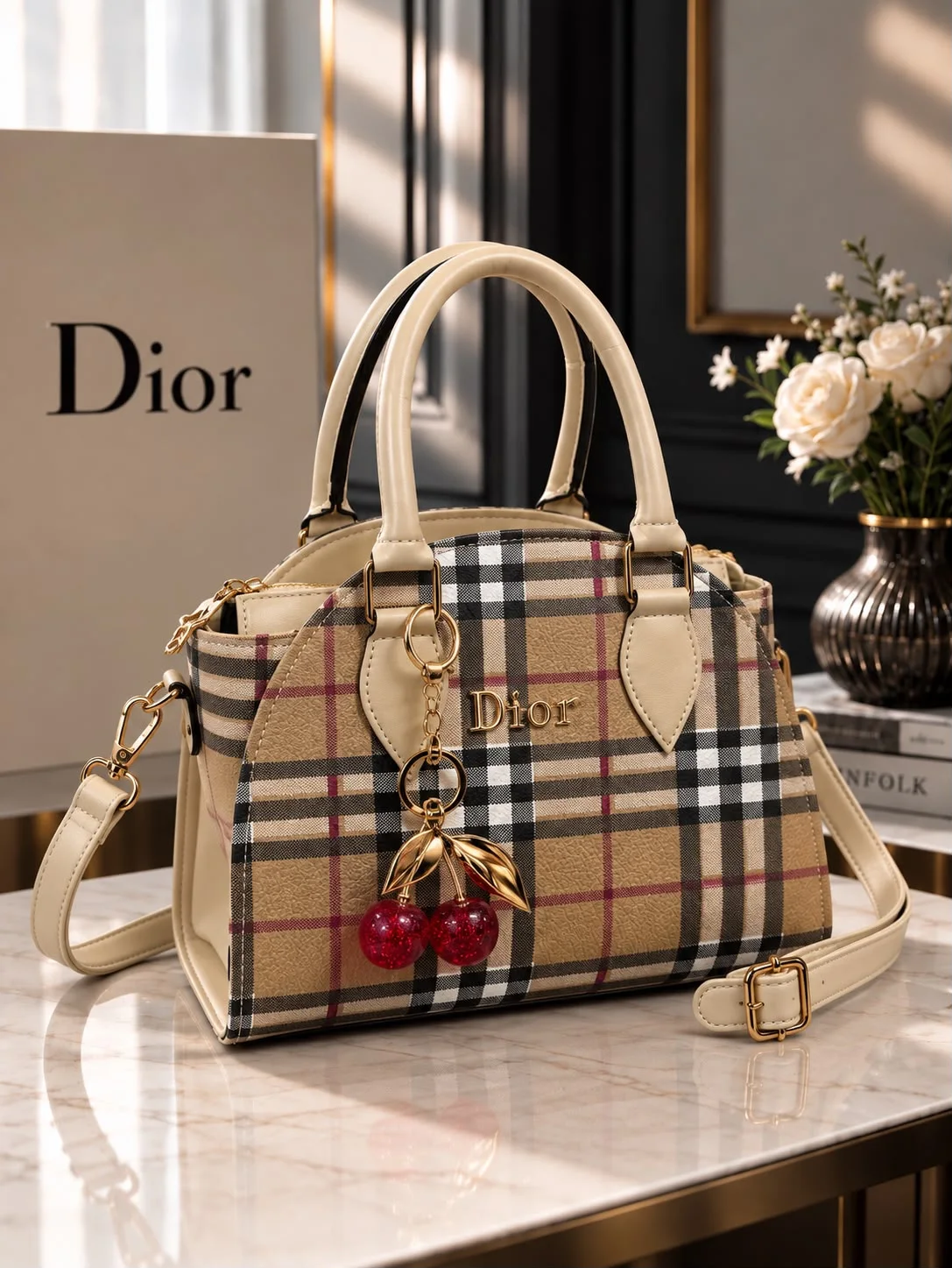 Buy Plaid Cherry Charm Handbag - Olive Green in Beige online in Pakistan - Brandza Handbags