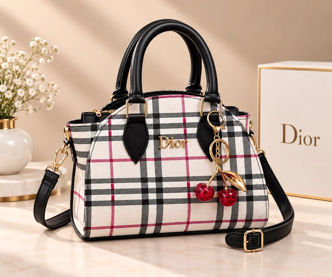 Buy Plaid Cherry Charm Handbag - Olive Green in Black White online in Pakistan - Brandza Handbags