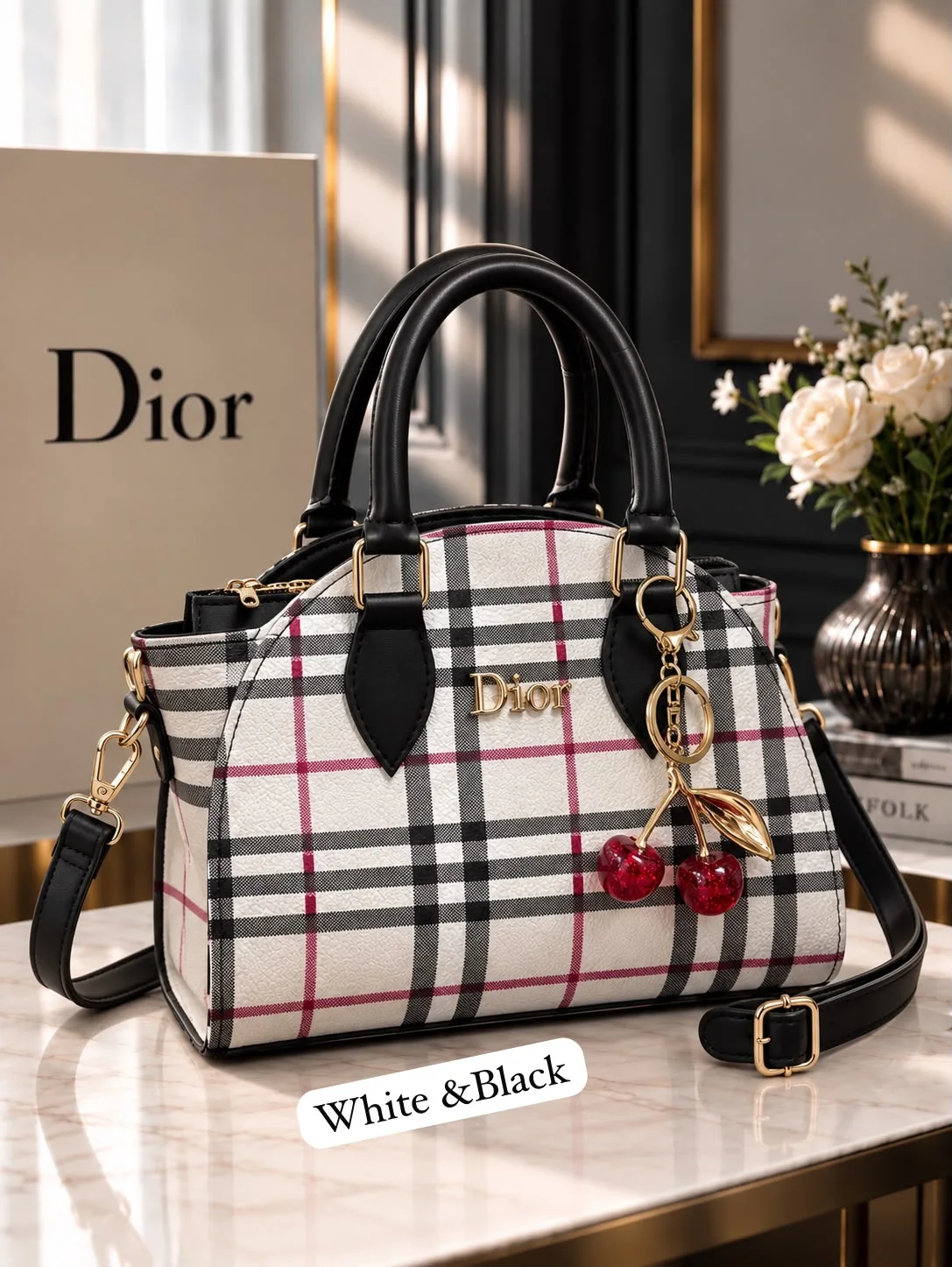 Buy Plaid Cherry Charm Handbag - White & Black online in Pakistan - Brandza Handbags view 2