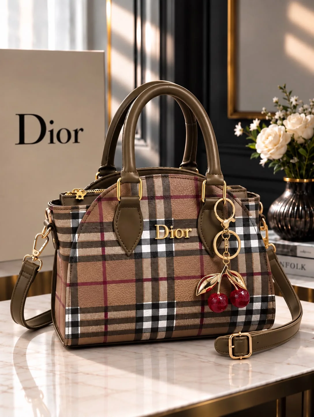 Buy Plaid Cherry Charm Handbag - Olive Green in Brown online in Pakistan - Brandza Handbags