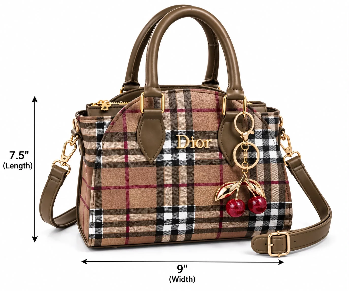 Buy Plaid Cherry Charm Handbag - Brown online in Pakistan - Brandza Handbags view 2